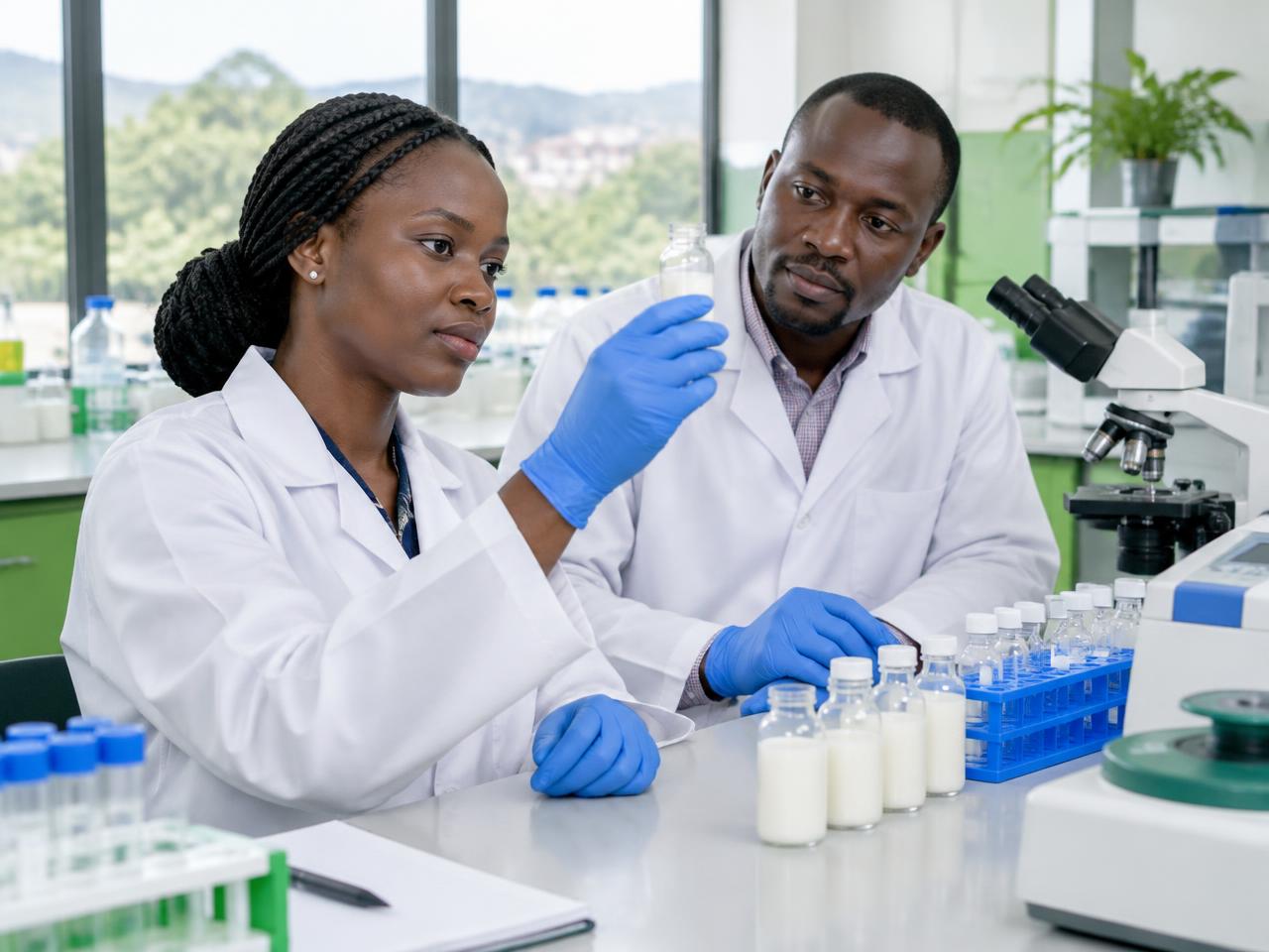 Illustrative milk-safety scientists examining a milk sample in a laboratory
